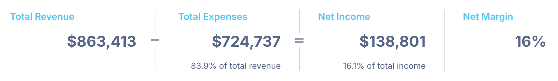 Summary strip showing total revenue, total expenses, and net income