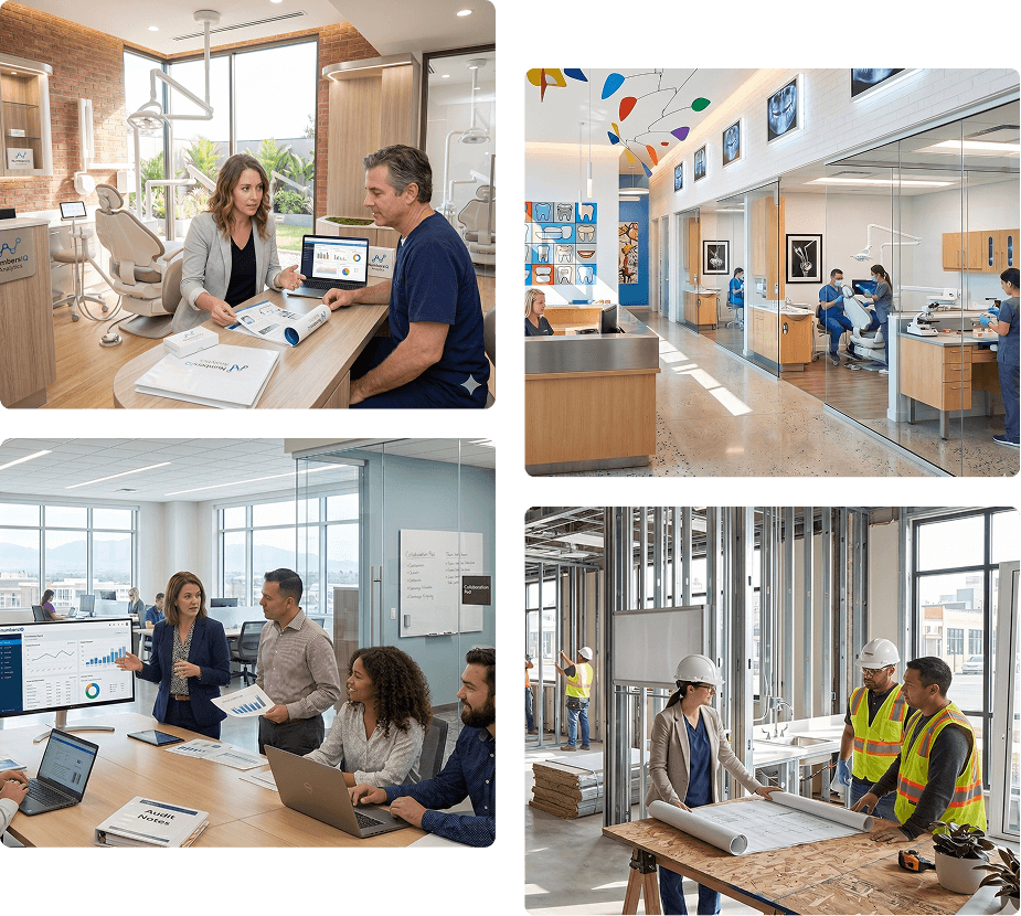 Collage of a practice owner consultation at a desk, a practice interior, a team meeting, and construction planning